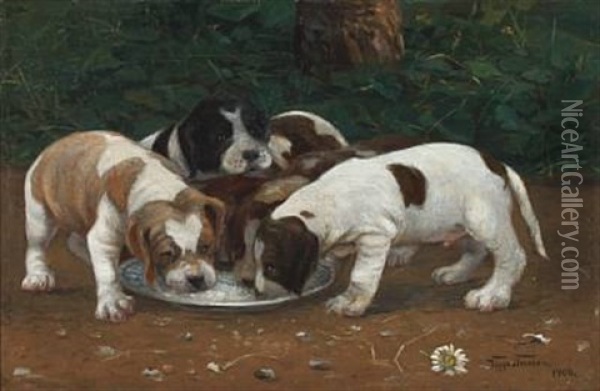 Puppies At The Food Plate Oil Painting - Viggo Simesen