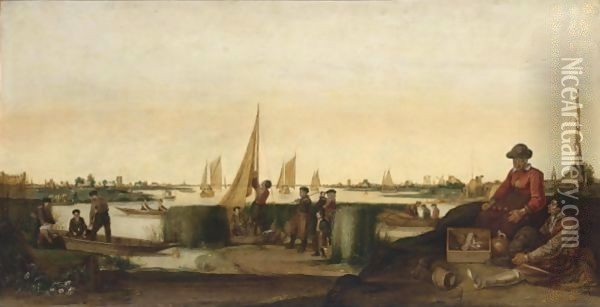 An Extensive River Landscape With Fishermen And Their Boats, A Couple With Their Ware In The Right Foreground Oil Painting - Arentsz van der Cabel