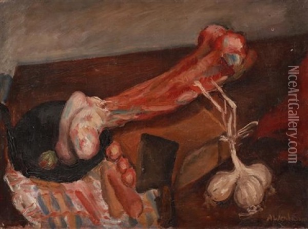 Still Life With Meat And Garlic Oil Painting - Abraham Weinbaum