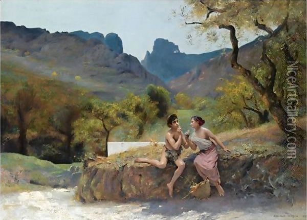 Flirtation In An Arcadian Landscape Oil Painting - Auguste Alexandre Hirsch