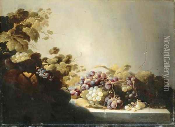 Grapes on a stone ledge with citrus fruits in a basket Oil Painting - Roloef Koets