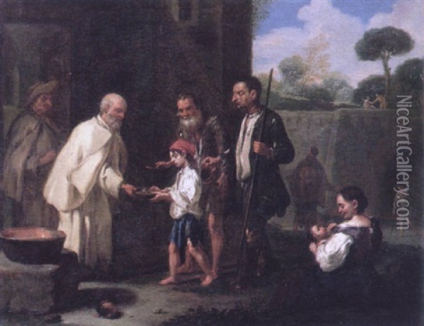Beggars Receiving Alms From Friars Oil Painting - Antonio Mercurio Amorosi