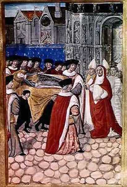 he Arrival of the Body of the Duchess Queen and the reception by Cardinal Philip of Luxembourg, from the Account of the Funeral of Anne of Brittany Oil Painting - Jean Perreal