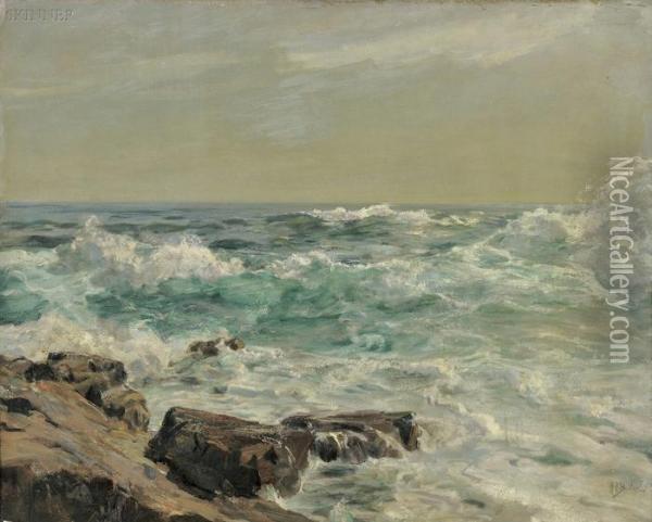 Crashing Waves Upon A Rocky Coastline Oil Painting - Howard Russell Butler