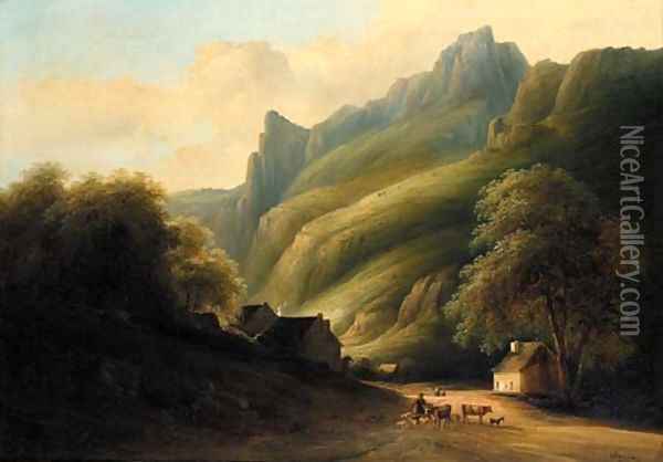 A drover with his livestock by a mountainside hamlet Oil Painting - Louis-Nicholas Chainbaux