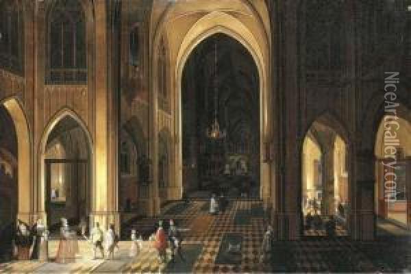 The Interior Of A Gothic Church With Figures At Night Oil Painting - Pieter Neefs The Elder, Frans The Younger Francken