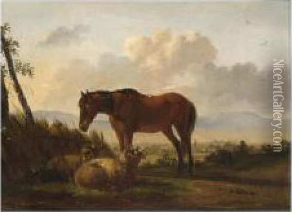 A Horse And Sheep In A Landscape Oil Painting - Pieter Gerardus Van Os