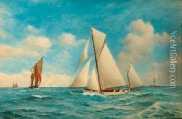 The Racing Yawl Bingo Off The Nab Lightship Oil Painting - Ernest Stuart