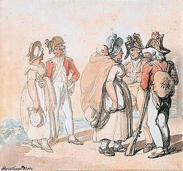 Officers Conversing With Country Women Oil Painting - Thomas Rowlandson
