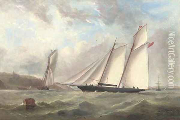Racing schooners on opposite tacks and vying for position at the start in Osborne Bay Oil Painting - Capt. John Haughton Forrest