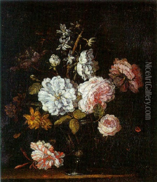 Bouquet De Fleurs Dans Un Vase Sur Un Entablement Oil Painting - Jean-Baptiste Monnoyer