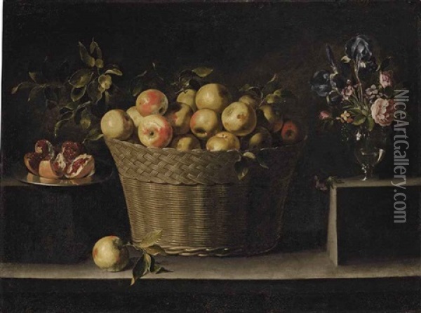Apples In A Wicker Basket, An Opened Pomegranate On A Silver Plate And Roses, Irises And Other Flowers In A Glass Vase, On A Stone Ledge Oil Painting - Juan de Zurbaran