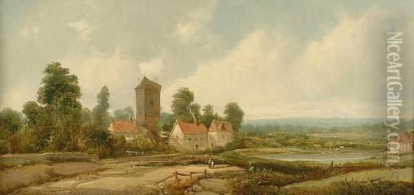 A Rural Landscape With Figures And A Village Oil Painting - A.H. Vickers