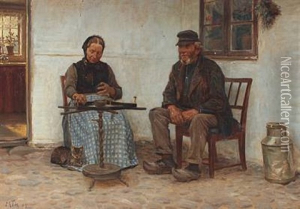 A Peasant Family In Front Of Their House Oil Painting - Hans Michael Therkildsen