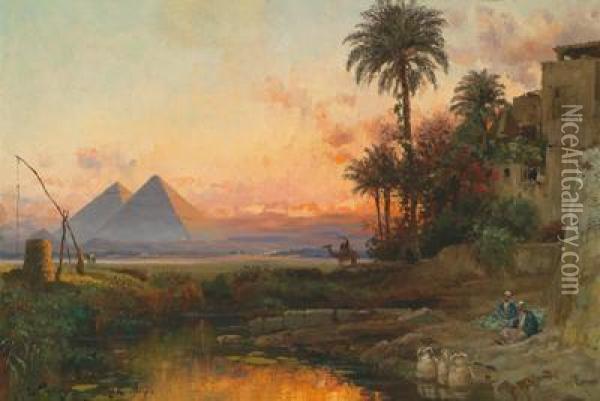 Veduta Delle Piramidi Di Giza Al Tramonto Oil Painting - Carl Wuttke