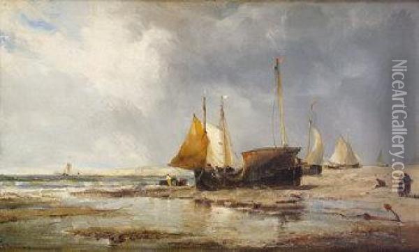 Figures With Shipping In Coastal Landscape Oil Painting - Edwin Hayes
