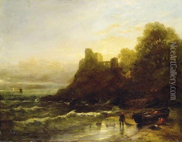 Pecheur Au Pied D'un Chateau En Ruine Oil Painting - Edmund Thornton Crawford