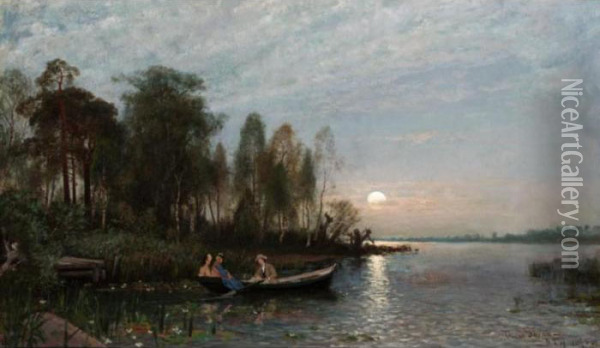 Boating At Dusk Oil Painting - Oscar Emil Torna