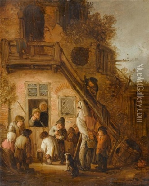 Bettelnde Kinder Mit Einem Rommelpotspieler Vor Der Tur Eines Bauernhauses Oil Painting - Isaac Van Ostade