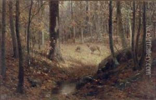 Doe And Fawn Oil Painting - Charles George Copeland