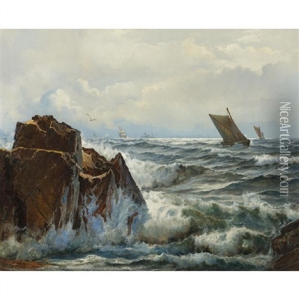 Ships Off The Coast Oil Painting - Holger Henrik Herholdt Drachmann