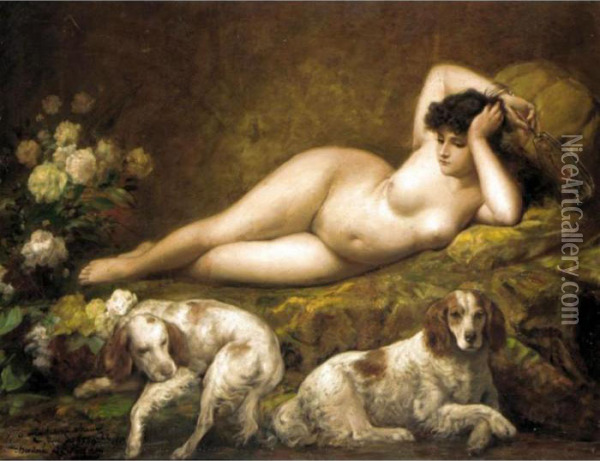 Reclining Nude With Two Dogs Oil Painting - Theodore Levigne