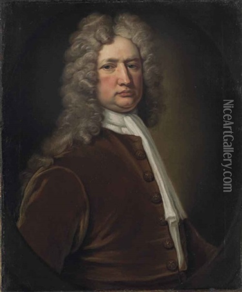 Portrait Of Admiral Sir Charles Wager (1666-1751), Bust-length, In A Brown Coat And White Cravat, In A Feigned Oval Oil Painting - Thomas Gibson