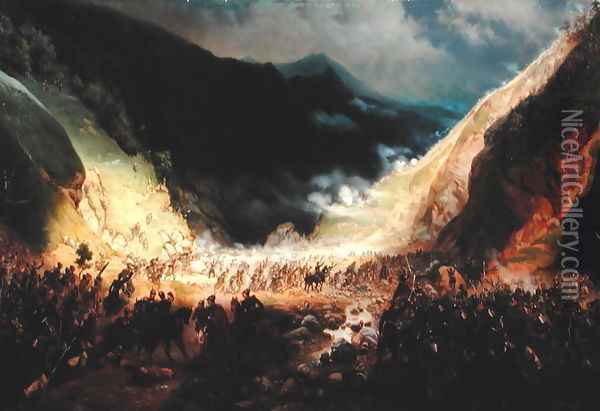 Battle at the Rotenturm canyon, 1871 Oil Painting - Bogdan Willewalde