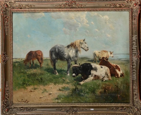 Vaches Et Chevaux Au Pre En Bord De Mer Oil Painting - Henry Schouten