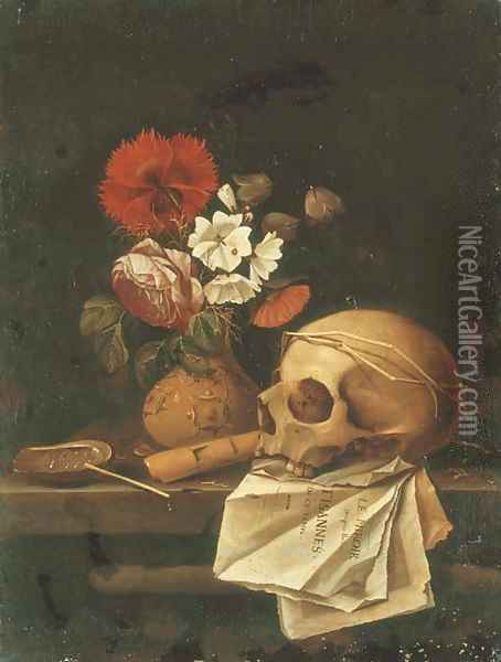 A vanitas still life with a skull, flowers in a terracotta vase Oil Painting - Johannes Borman