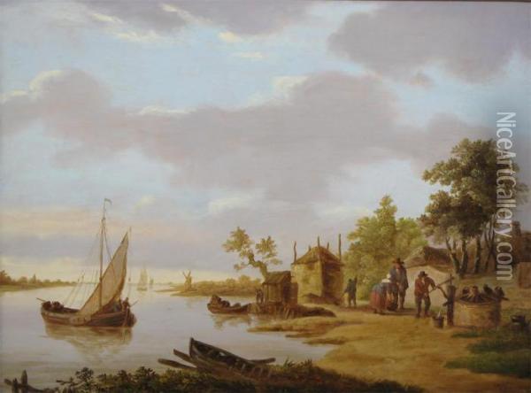 River Scene With Figures On The Banks Oil Painting - Jan van Goyen