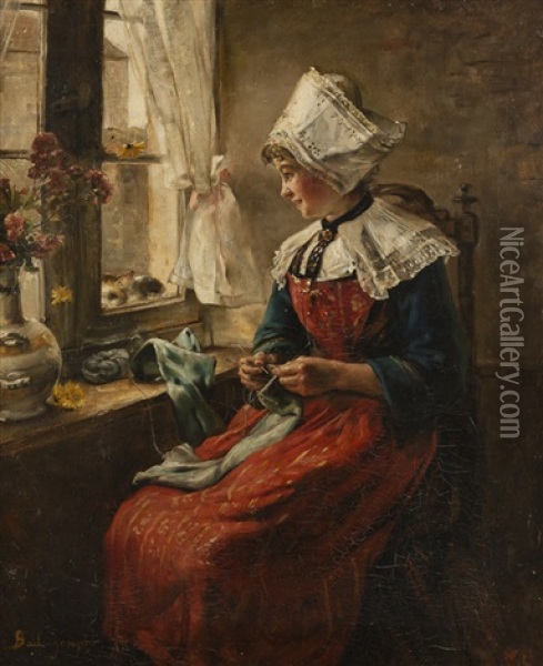 Young Girl Sewing Near A Window Oil Painting - Joseph Bail