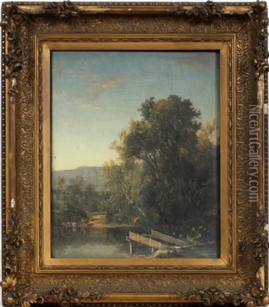 Dock With Cows At Waters Edge Oil Painting - Dewitt Clinton Boutelle