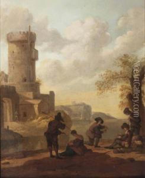 A Coastal Landscape With Figures Resting Outside A City Gate Oil Painting - Wigerius Vitringa