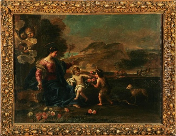 Madonna Con Bambino E San Giovannino Che Porge Rose Oil Painting - Giovanni Battista Gaulli