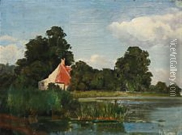 A Fisherman's Cottage At A Lake Oil Painting - Holger Henrik Herholdt Drachmann