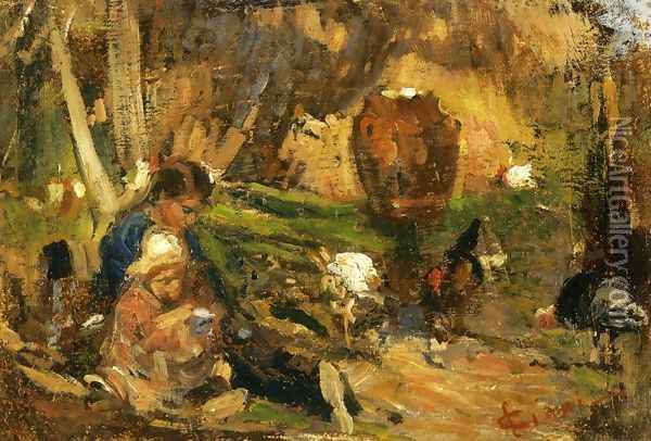 Child in a Farmyard Oil Painting - Cesare Ciani