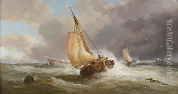 Blowing Fresh, Dutch Boats Homeward Bound Oil Painting - James Webb
