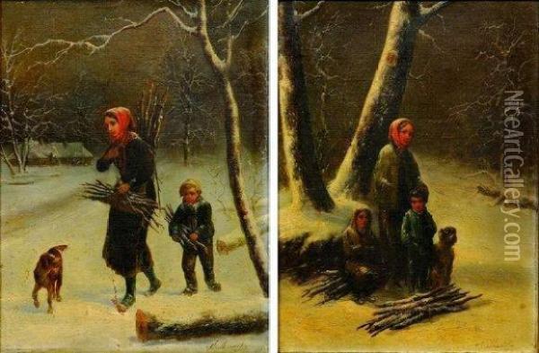 Femme Avec Enfants Dans Un Paysage De Neige Et Un Chien. Oil Painting - Louis-Claude Mallebranche