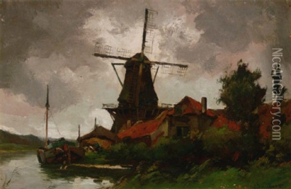 A Barge Moored By A Windmill On A Dutch Waterway Oil Painting - Chris Snijders