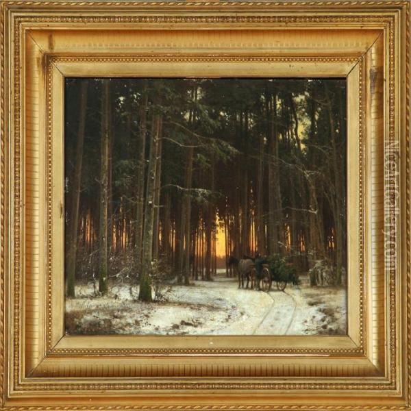 Forest Scene, Sunset Oil Painting - Frederik Niels M. Rohde