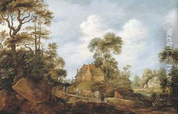 A herdsman driving cattle to water and travellers on a road, a village beyond Oil Painting - Gillis Claesz. De Hondecoeter