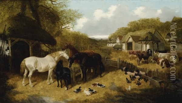 Cattle, Pigs, Ducks, Chickens And Horses In A Farmyard Oil Painting - John Frederick Herring the Younger