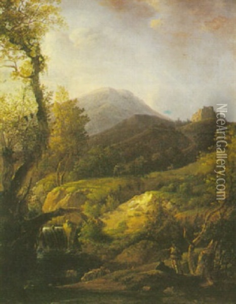 Hunters By A Waterfall In A Romantic Landscape Oil Painting - Julien Joseph Ducorron