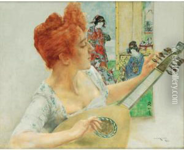 Joueuse De Mandoline A L'estampe
 Japonaise [, Mandolin Player With Japanese Print; Oil On Canvas, Signed
 And Located Paris.] Oil Painting - Bertalan Karlovszky
