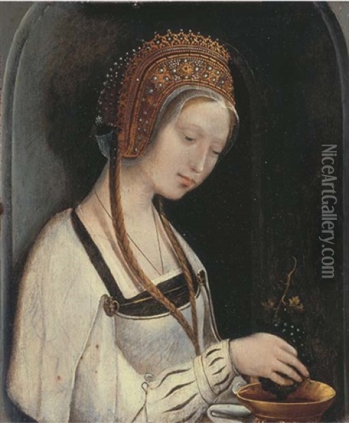 A Female Saint, Half-length, In A White Dress (fragment) Oil Painting - Cornelius Engebrechtsz