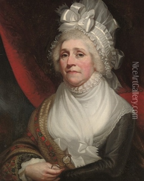 Portrait Of A Lady, Half-length, In A Black Dress With A Brocade Shawl And A Mob Cap, A Pair Of Spectacles In Her Right Hand Oil Painting - Mather Brown
