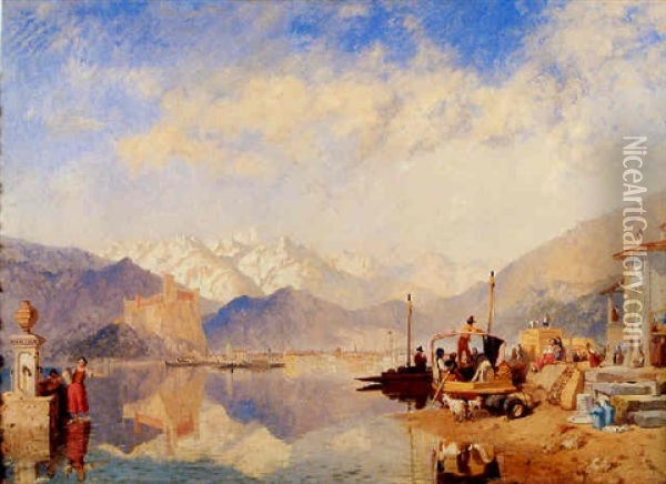 Recollections Of The Lago Maggiore, Market Day At Pallanza Oil Painting - James Baker Pyne