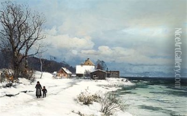 View Of Lake Chiemsee Near Munich On A Winter Day Oil Painting - Anders Andersen-Lundby