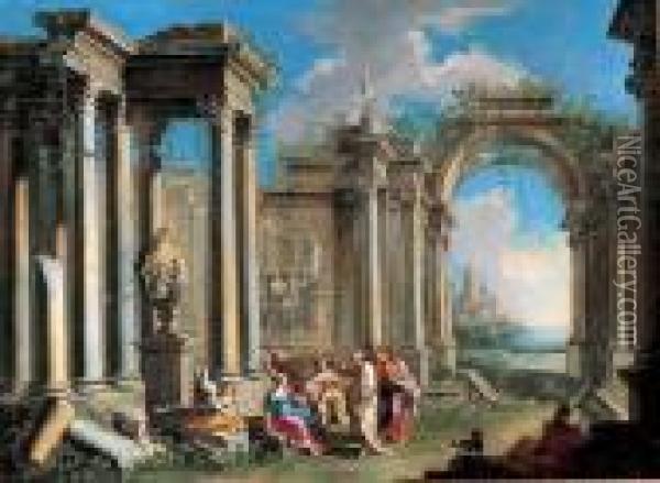 Rovine Dell'antica Roma Con Predica Di Un Apostolo Oil Painting - Giovanni Niccolo Servandoni